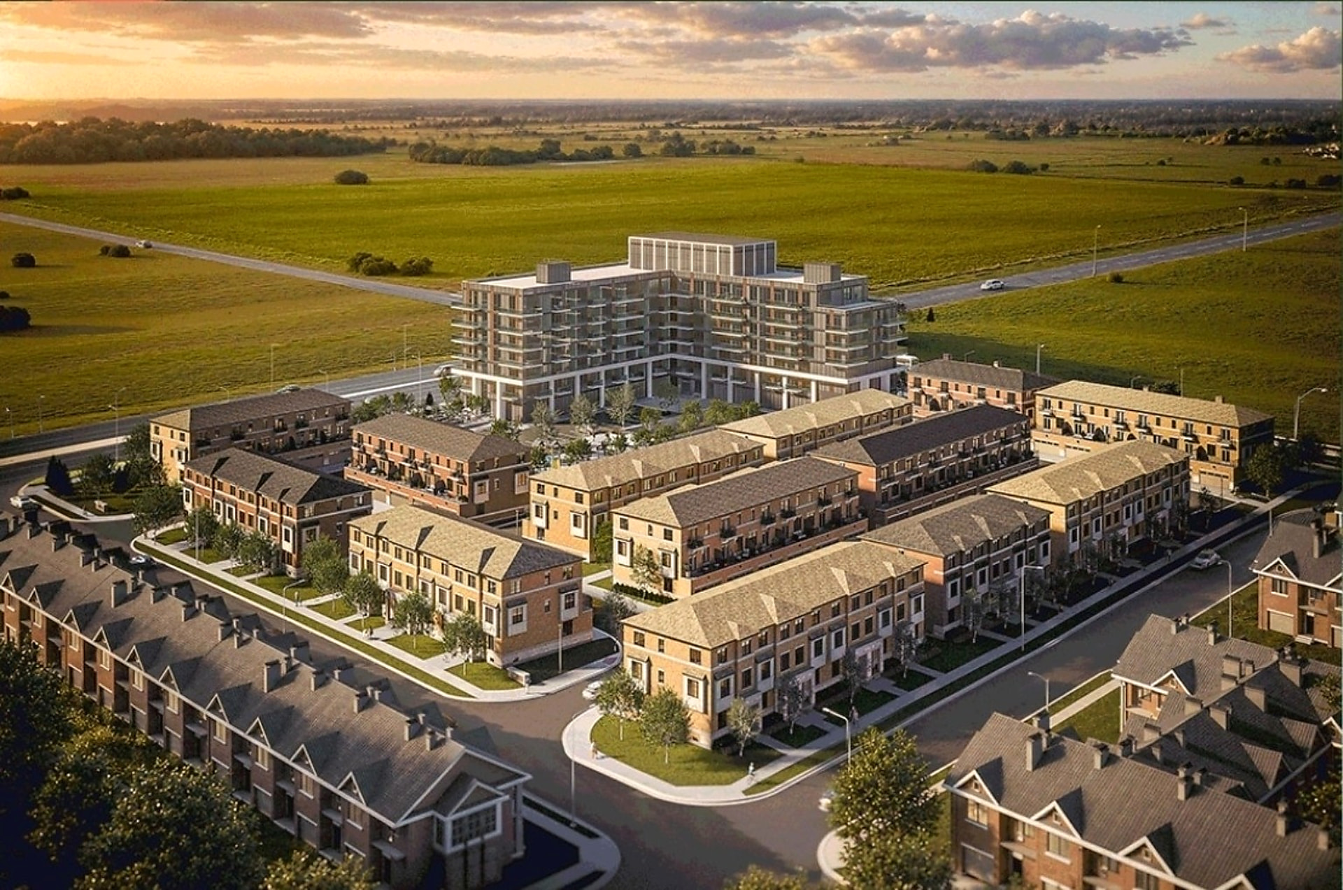 Elements Milton broader master-plan rendering showing the townhome community and surrounding district
