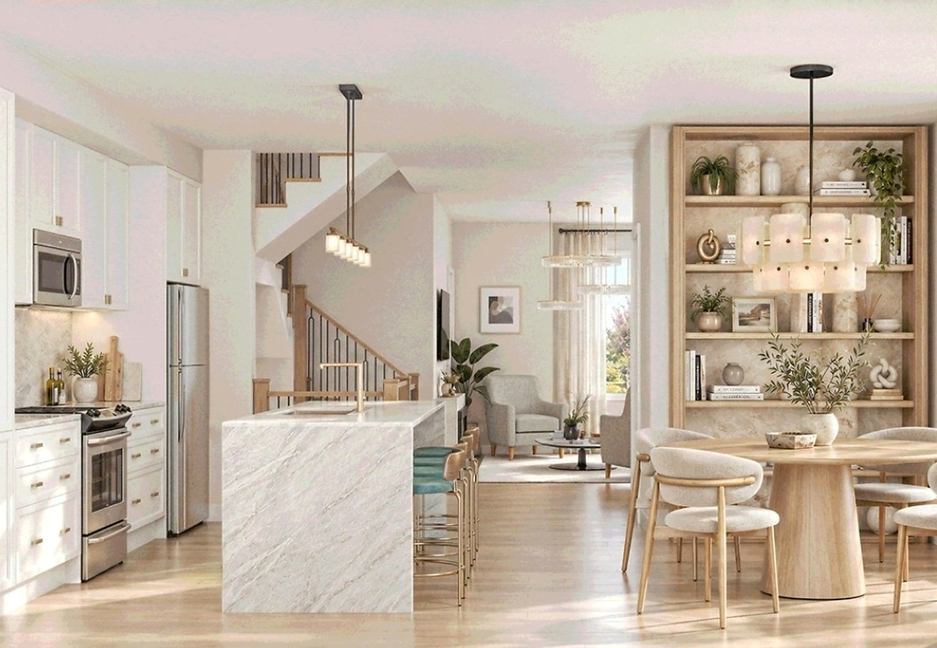 Elements Milton townhome interior rendering showing the kitchen, dining area and living room