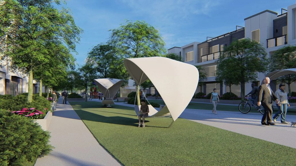 Elements Milton courtyard amenity space — 36,673 sq ft of outdoor amenity area