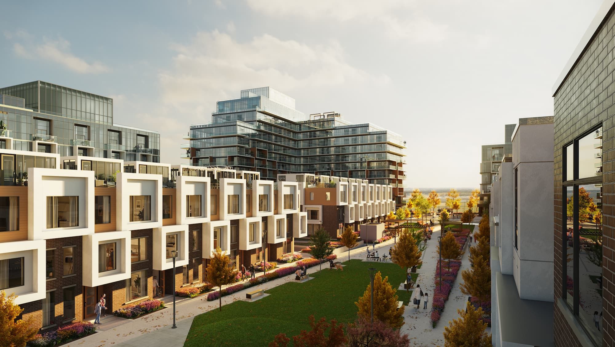 Elements Milton townhome streetscape by Trinity Point Developments at Bronte and Britannia in Milton, Ontario