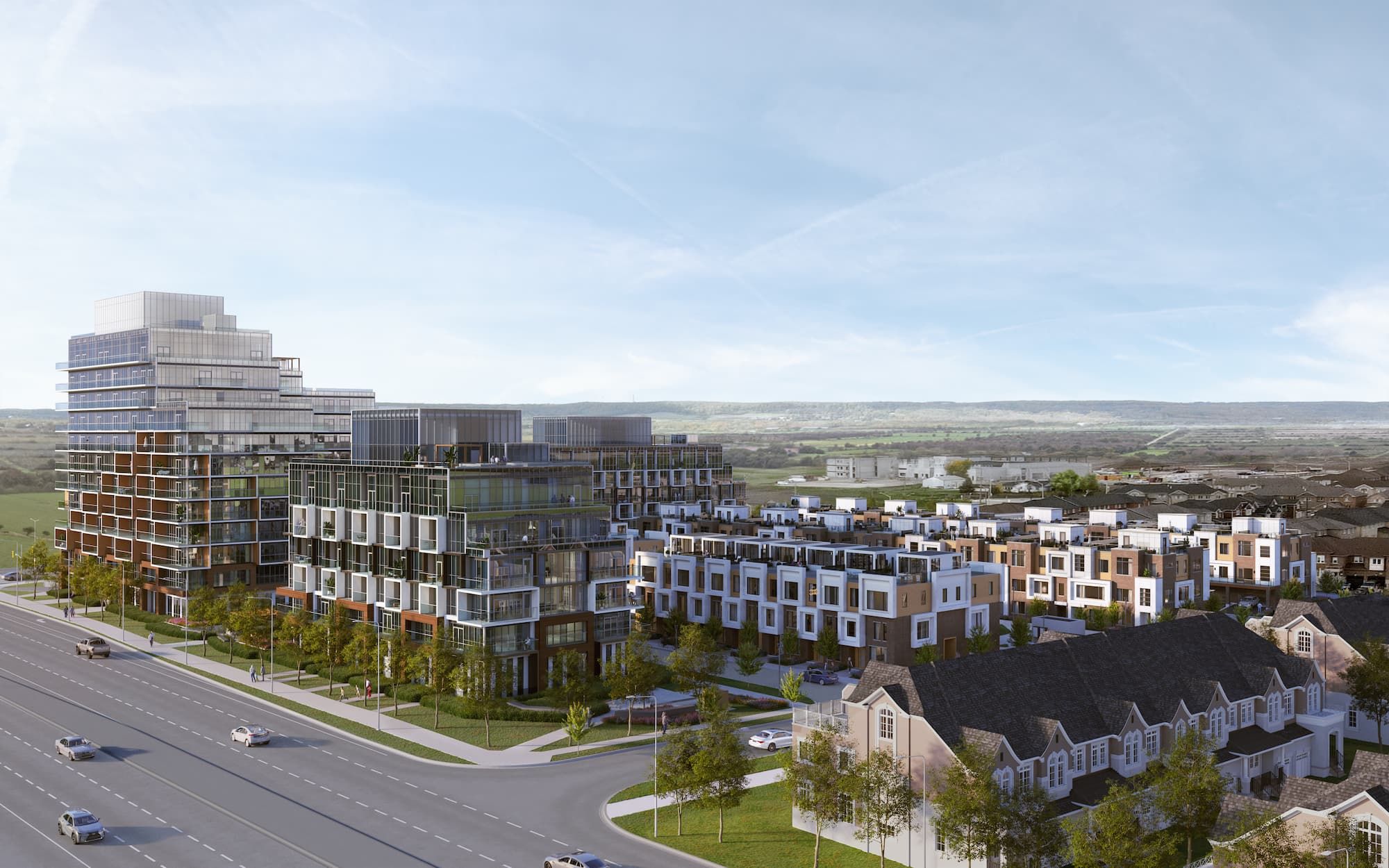 Elements Milton townhomes rendering showing modern architecture and landscaping